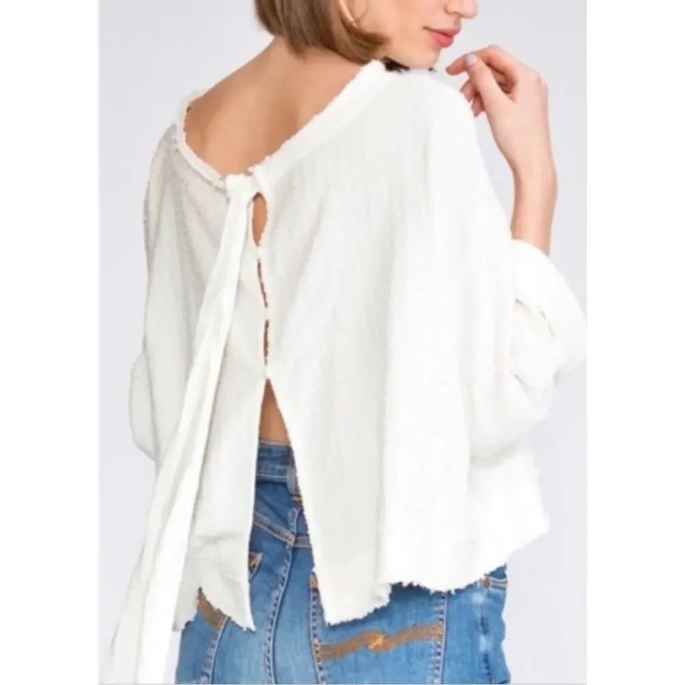 Free People Walkin In Hueco Crop Oversized Tie Button Back Top Medium Boho Ivory